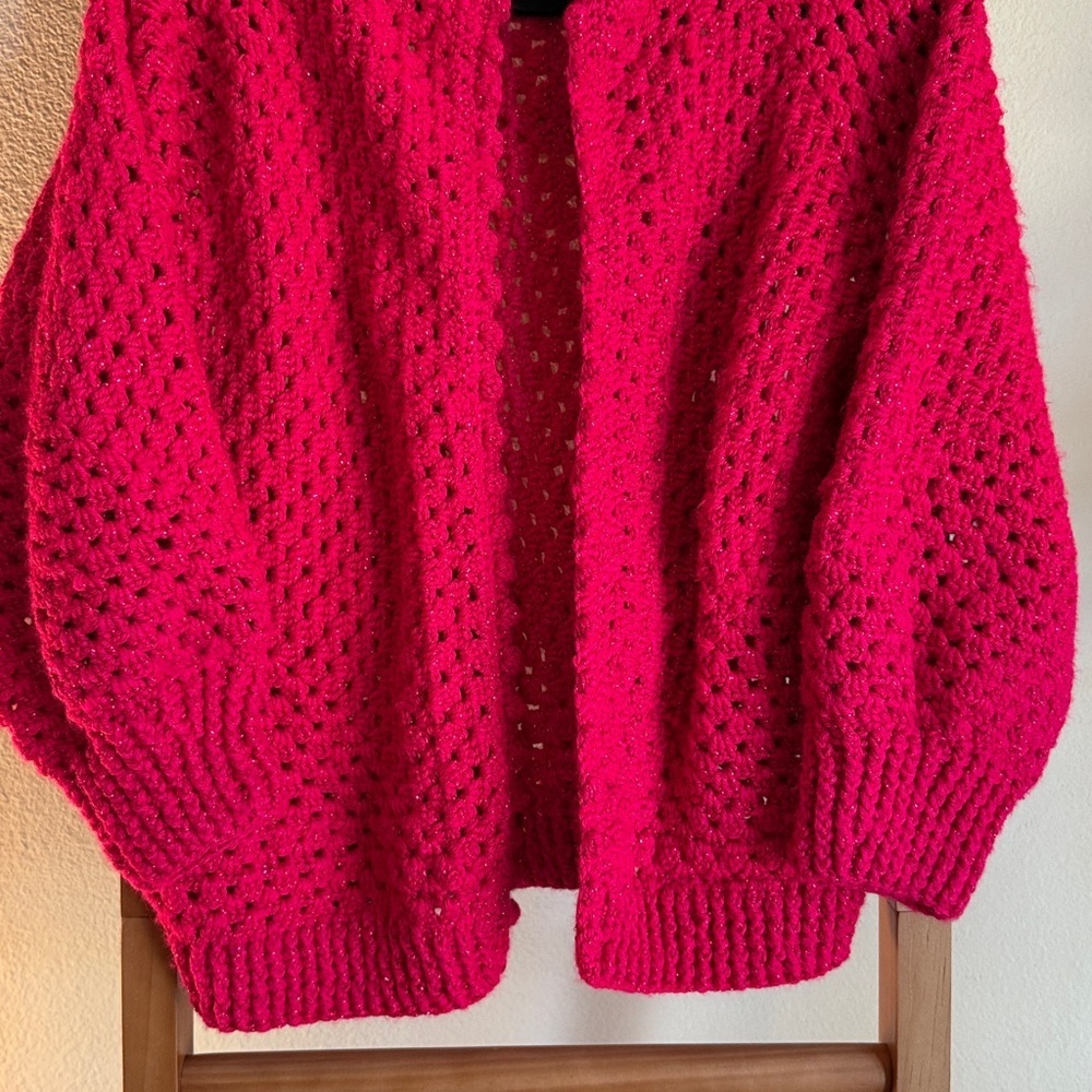 Hand knit crochet, fuchsia sparkle, short cardigan - Picture 7 of 10